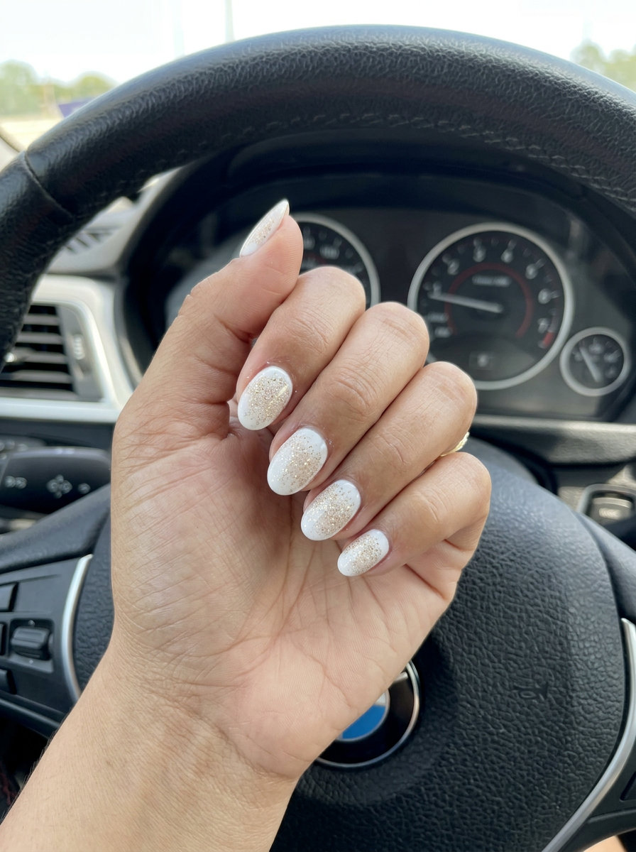 Minimalist Glitter Oval Nails - Shell Summer Nails 2026 Beach Sand Glitter Oval nails for shell summer nails 2026. Minimalist sheer white with champagne gold glitter.