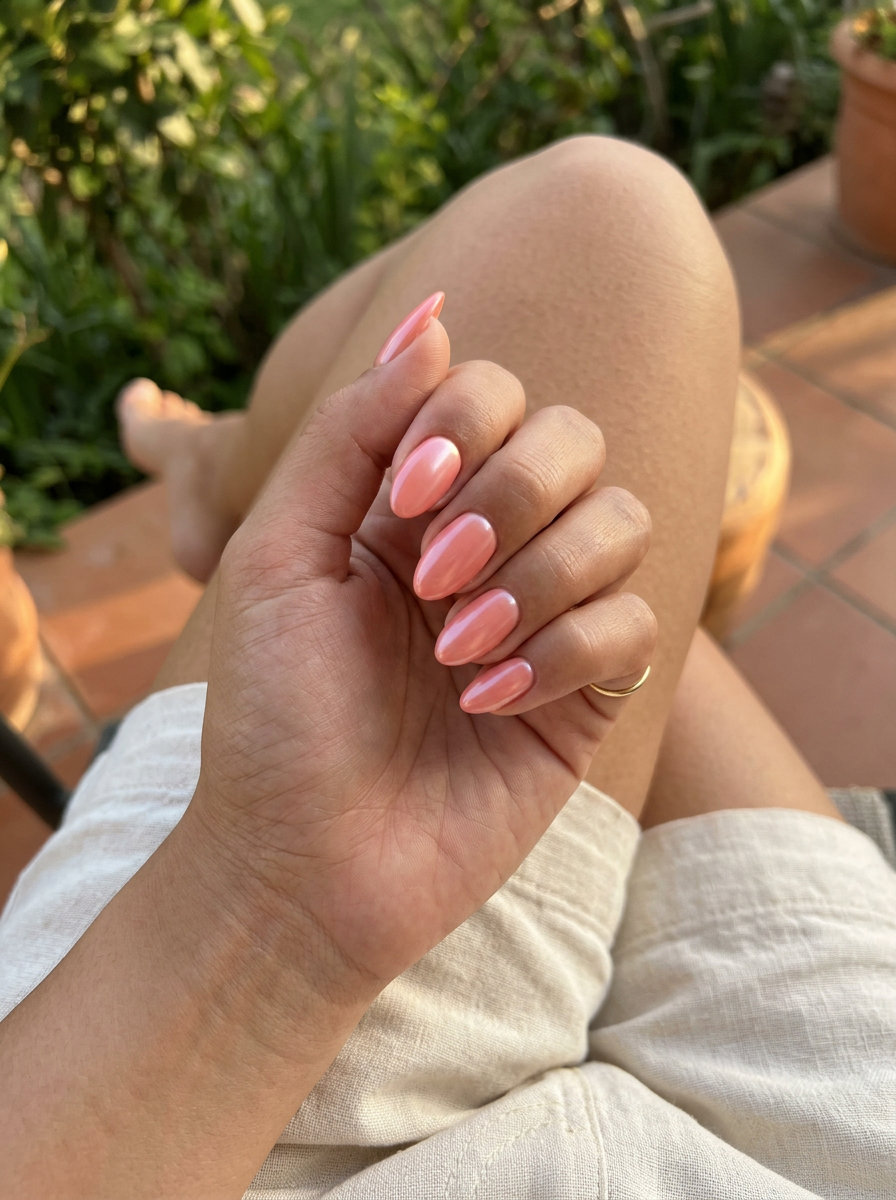 Coral Glazed Donut Nails 2026: Brunch Style Coral Glazed Donut nails for shell summer nails 2026: soft coral pink, pearlescent glaze for brunch.