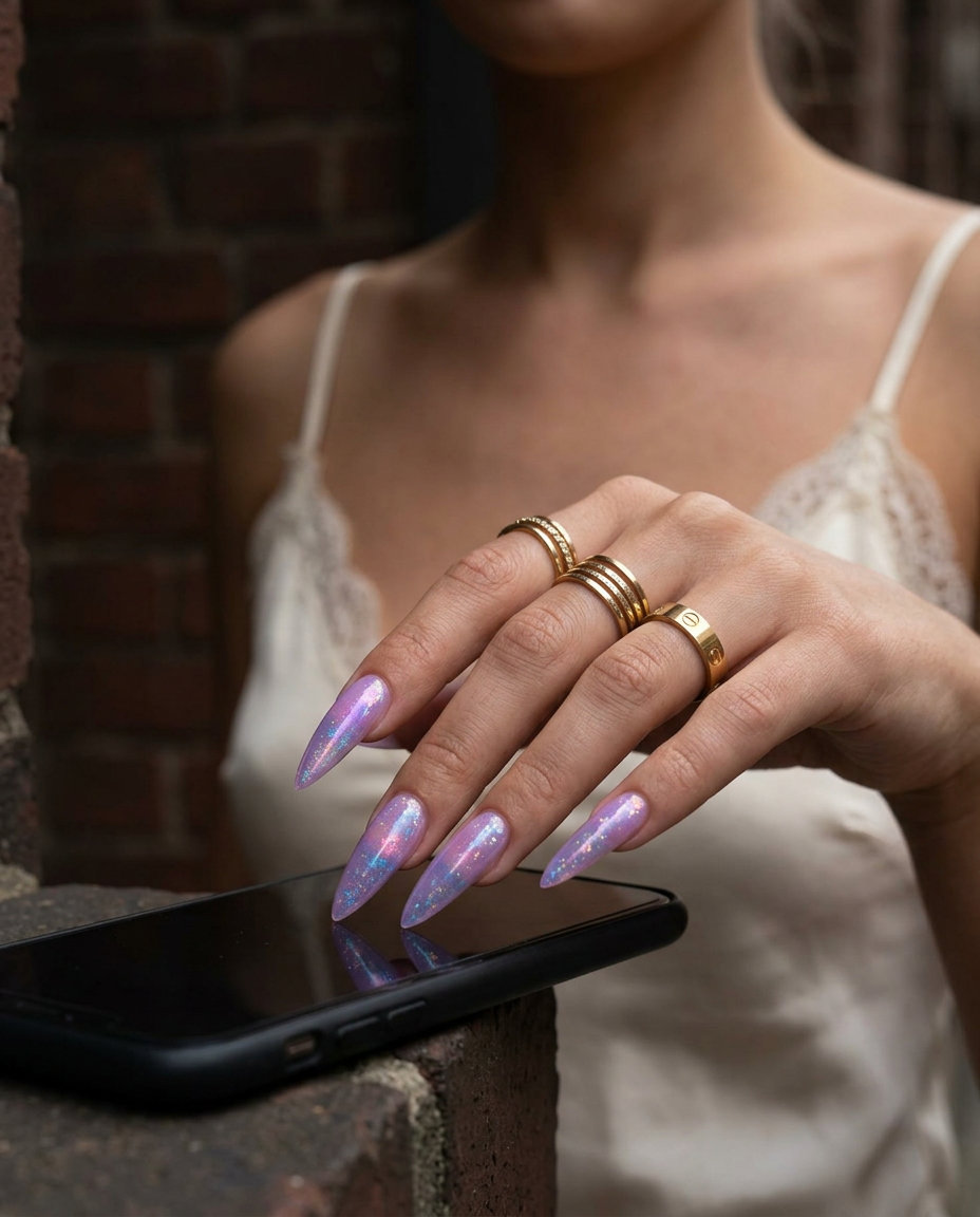 Cosmic Jelly Stiletto Nails 2026: Festival Ready Cosmic Jelly Stiletto nails for shell summer nails 2026: iridescent lavender, jelly, holographic for festivals.