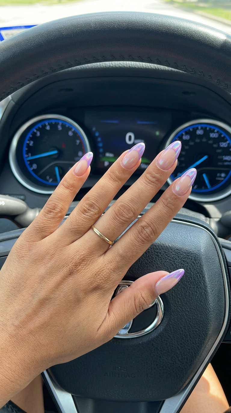 Cosmic Shell French Nails 2026 | Futuristic Glam Cosmic shell French tips with iridescent lavender shifts for shell summer nails 2026.