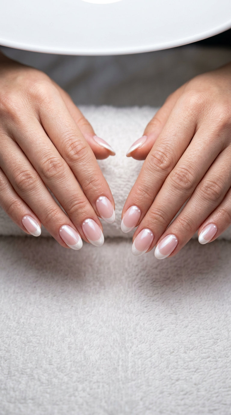 Moonstone Dot French Nails 2026 | Romantic Classic Moonstone dot French nails with pearlescent white accents for shell summer nails 2026.