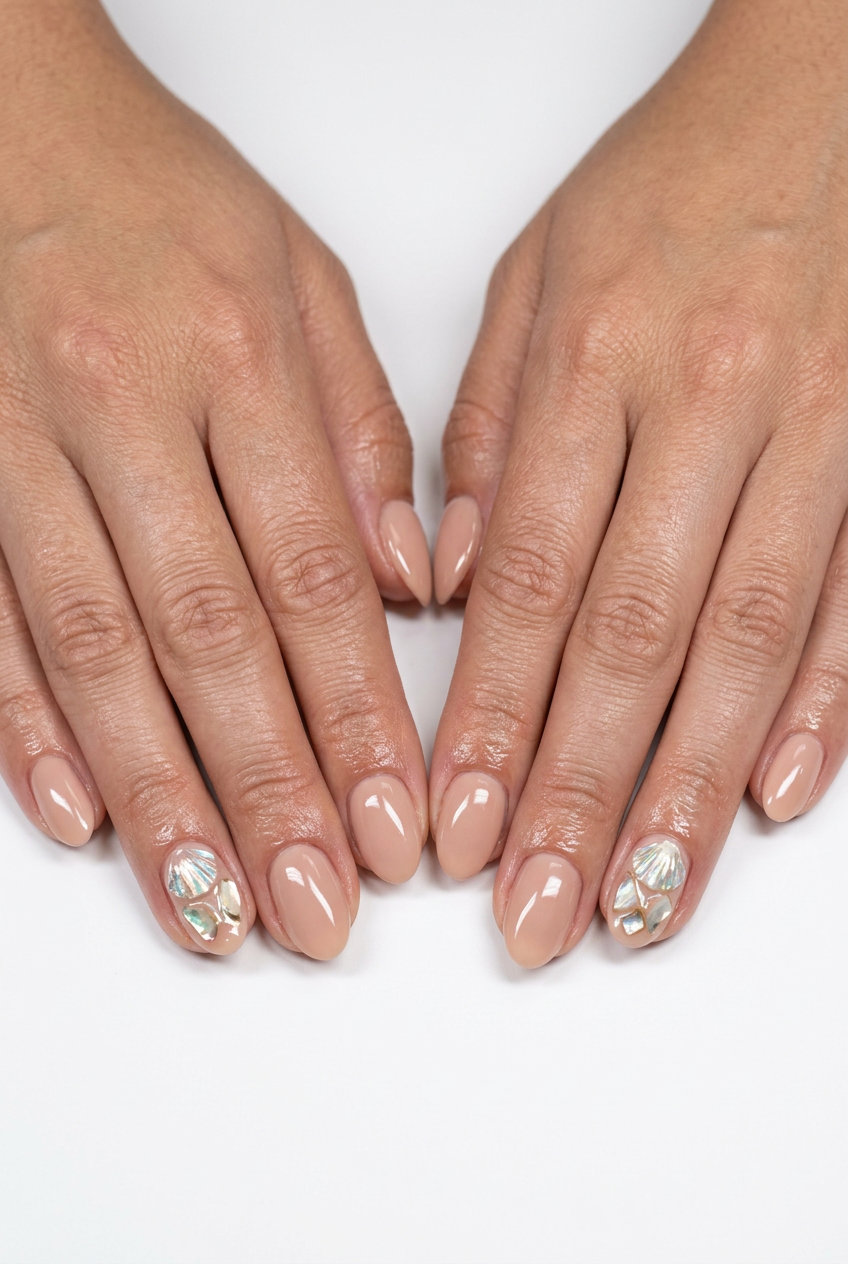 Nautical 3D Shell Nails 2026 | Beach Party Chic Nautical 3D shell accent nails with glossy nude base for shell summer nails 2026.
