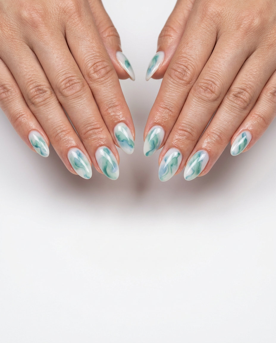 Ocean Watercolor Nails 2026 | Artistic Vibes Ocean watercolor abstract nails in seafoam green and teal for shell summer nails 2026.