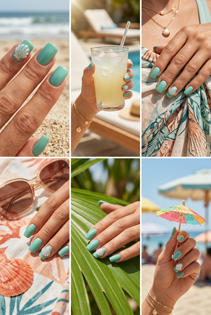 Oceanic 3D Shell Nails 2026 | Textured Glam Oceanic 3D shell accent square nails in seafoam green for shell summer nails 2026.