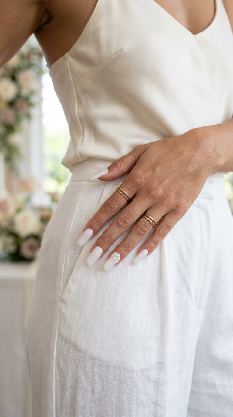 Elegant Pearl Coffin Nails - Shell Summer Nails 2026 3D Pearl Accent Coffin nails for shell summer nails 2026. Milky white gel with iridescent pearls for formal events.