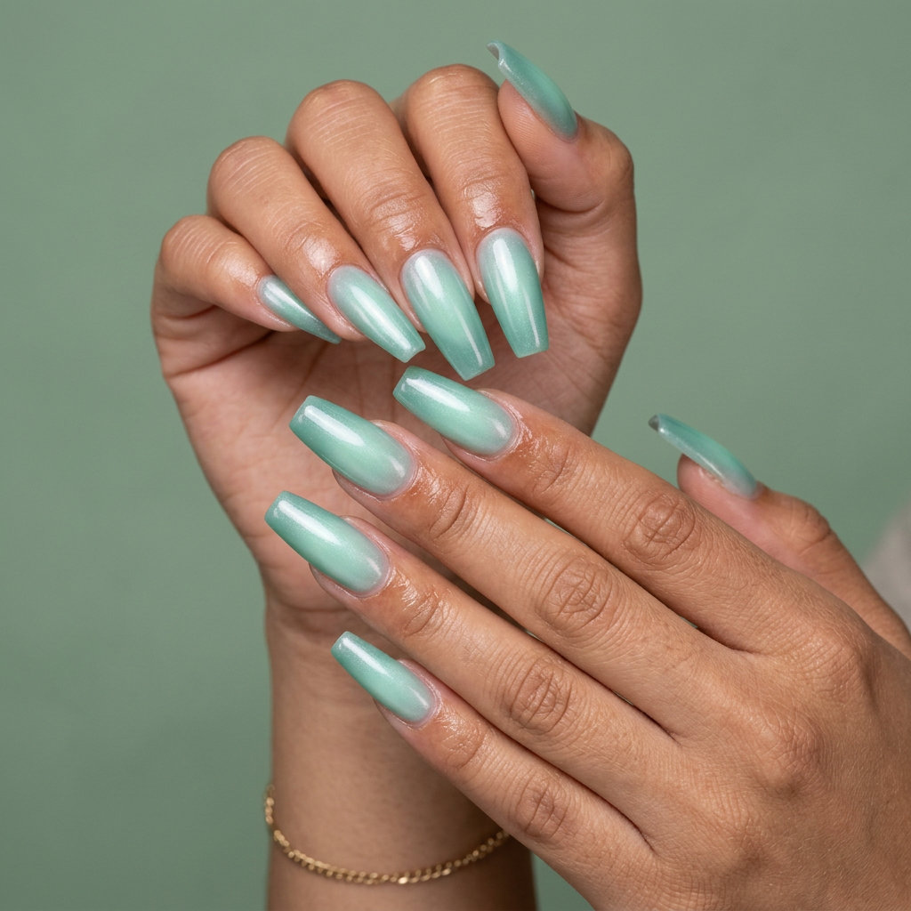 Seafoam Aura Nails 2026: Beach Party Ready Seafoam Aura Mermaid Glow nails for shell summer nails 2026: seafoam green, pearlescent white, ethereal for beach parties.