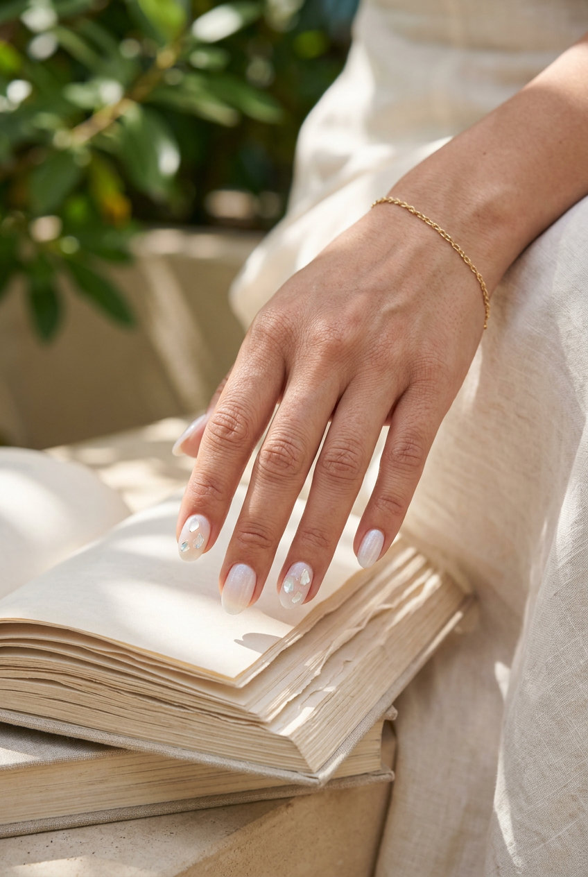 Seashell Fragment Nails 2026 | Whimsical Charm Seashell fragment accents on short oval nails for shell summer nails 2026.