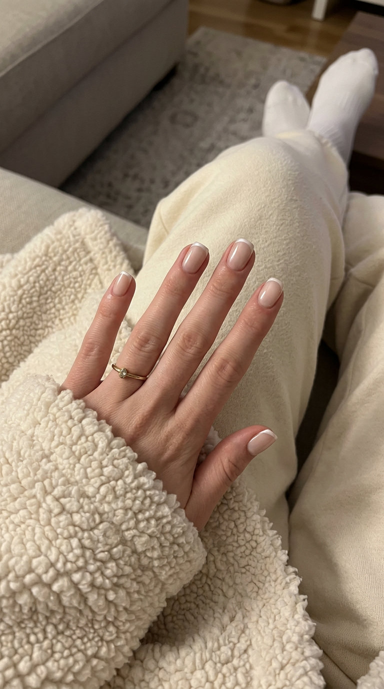 Pearl Micro French Nails 2026 | Elegant Square Subtle pearl micro French square nails in sheer nude for shell summer nails 2026.
