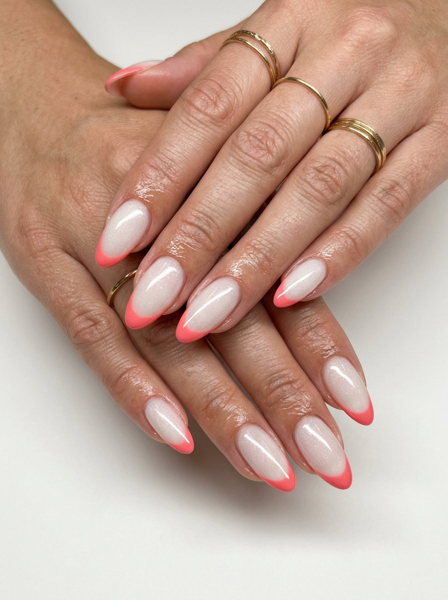 Sunset Coral French Nails 2026: Date Night Style Sunset Coral Reverse French nails for shell summer nails 2026: coral pink, milky white, shimmer for date night.