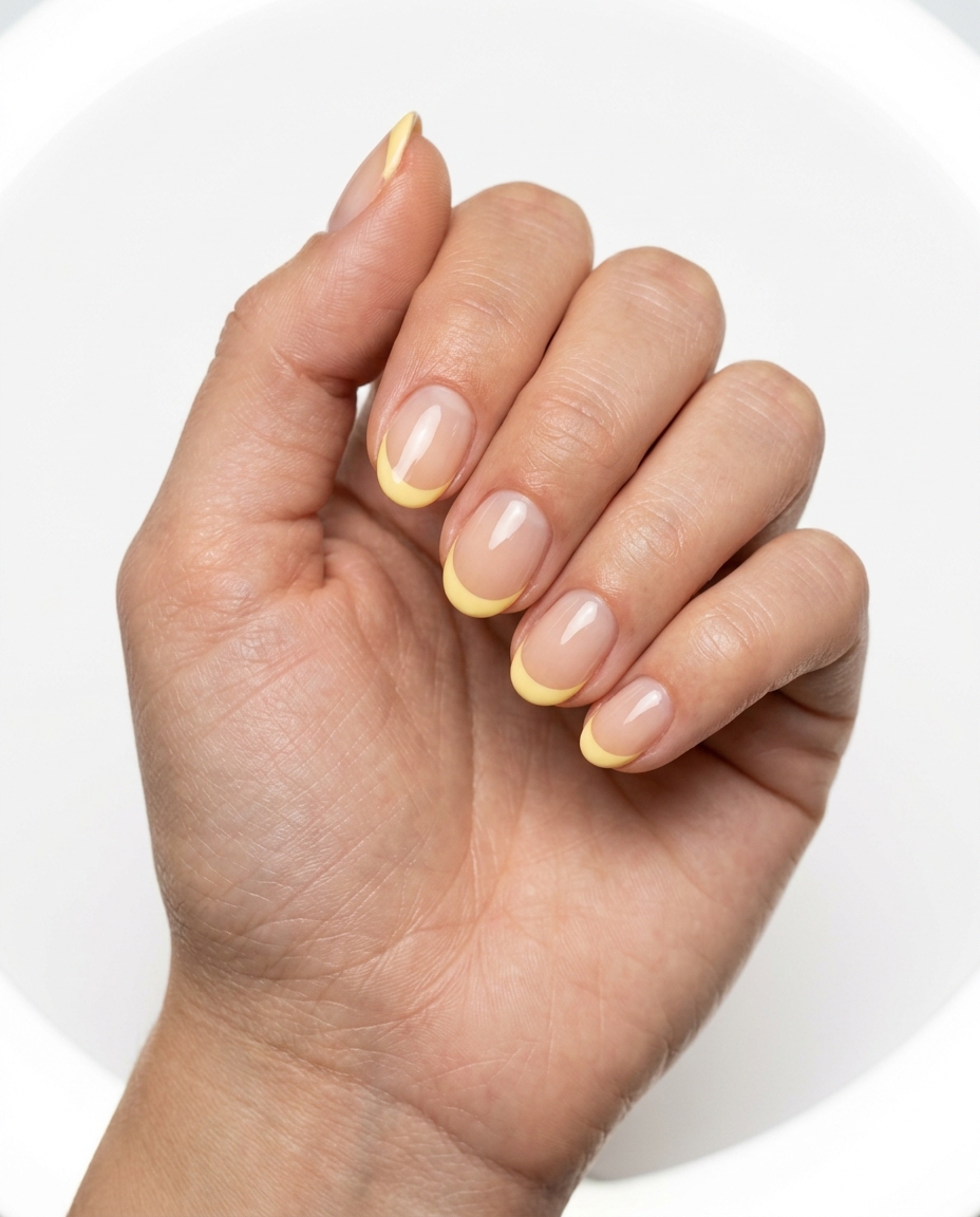 Short oval summer nails 2026: Butter Yellow French Tip Delight for picnics. Cheerful yellow tips.