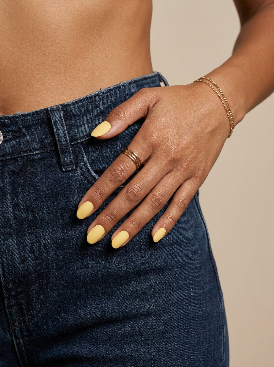 Short oval summer nails 2026: Sunny butter yellow matte velvet, playful, chic, understated for casual weekends.