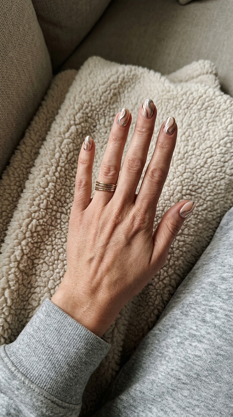 Short oval summer nails 2026: Sheer nude with metallic chrome abstract swirls. Futuristic and edgy for parties.