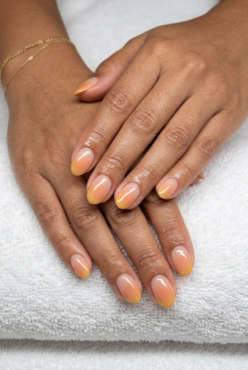 Short oval summer nails 2026: Golden Hour Aura Gradient for festivals. Warm peach and yellow blend.