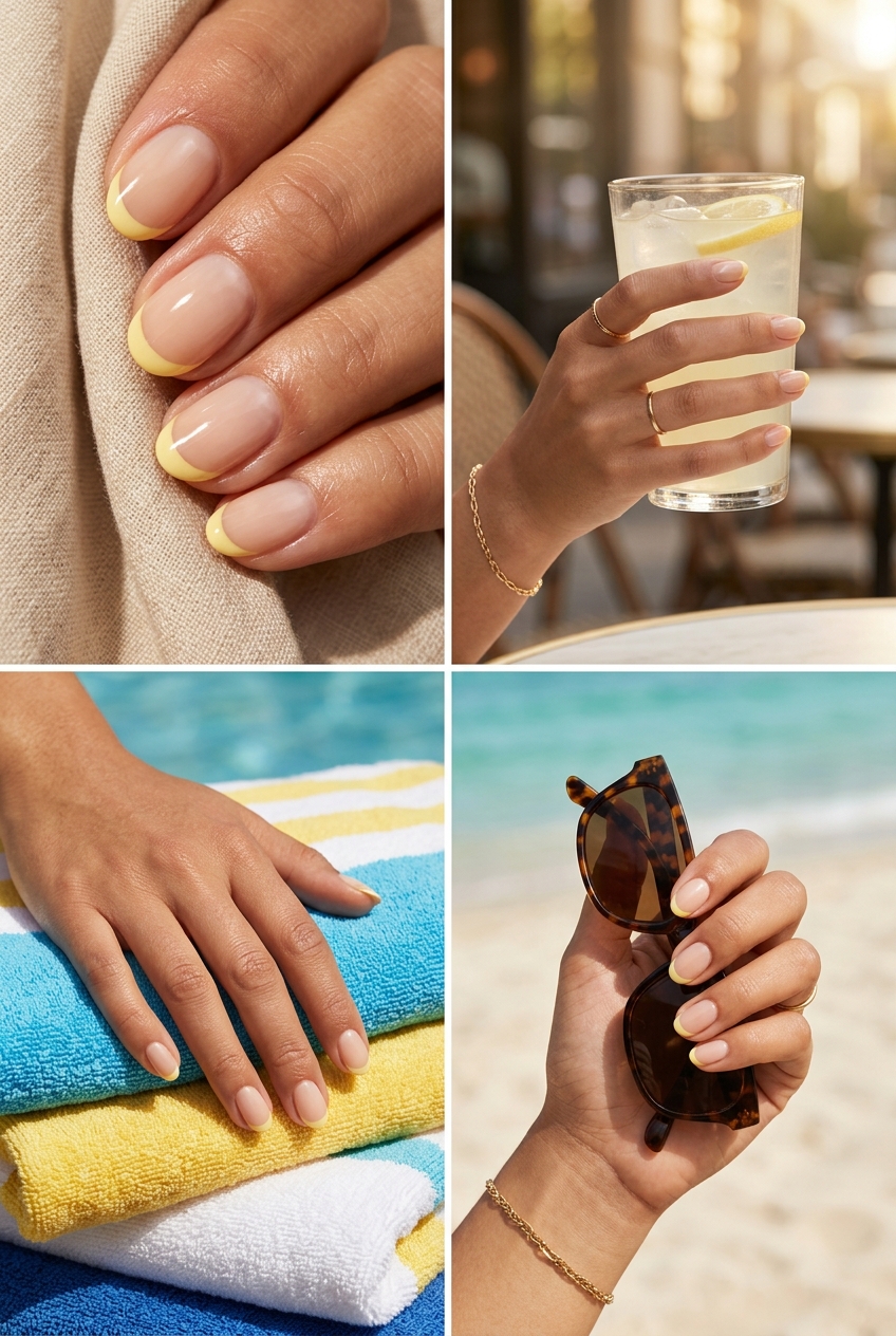 Short oval summer nails 2026: Lemon Drop Micro French for casual events. Playful butter yellow tips.