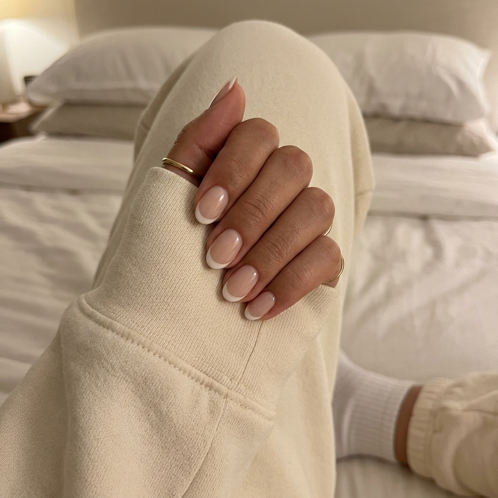 Short oval summer nails 2026: Classic French manicure in milky nude and soft white. Elegant for weddings and office.