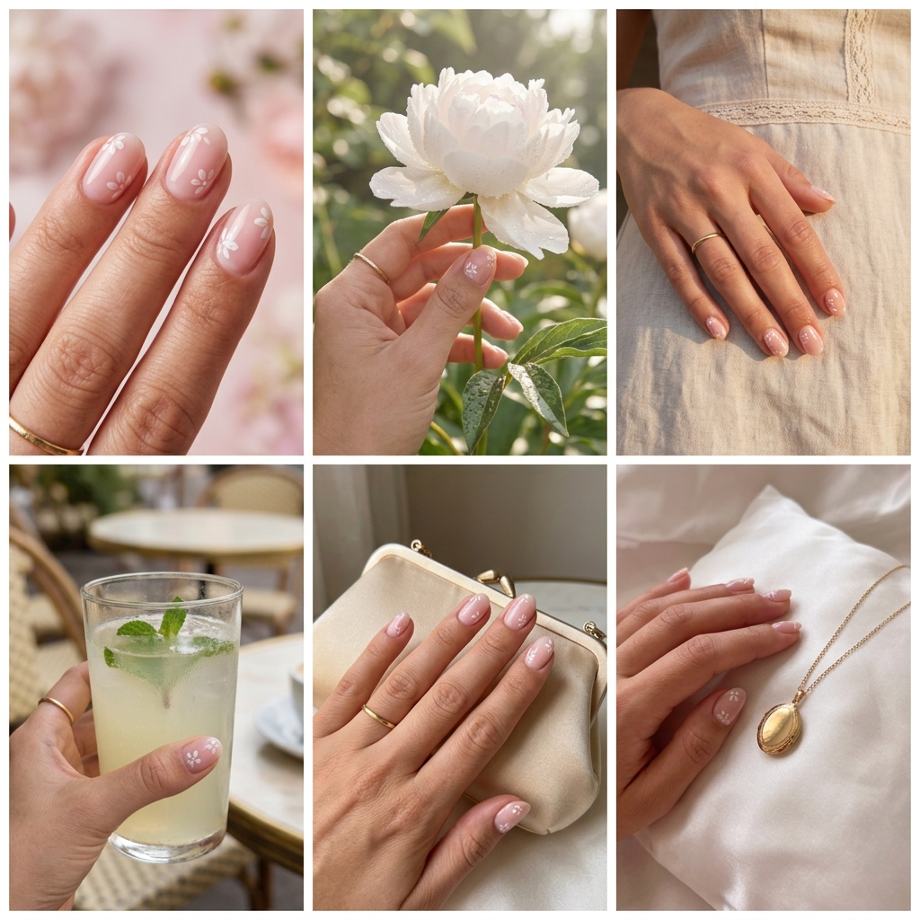 Short oval summer nails 2026: Milky Pink Floral Bath for garden parties. Delicate white flowers.