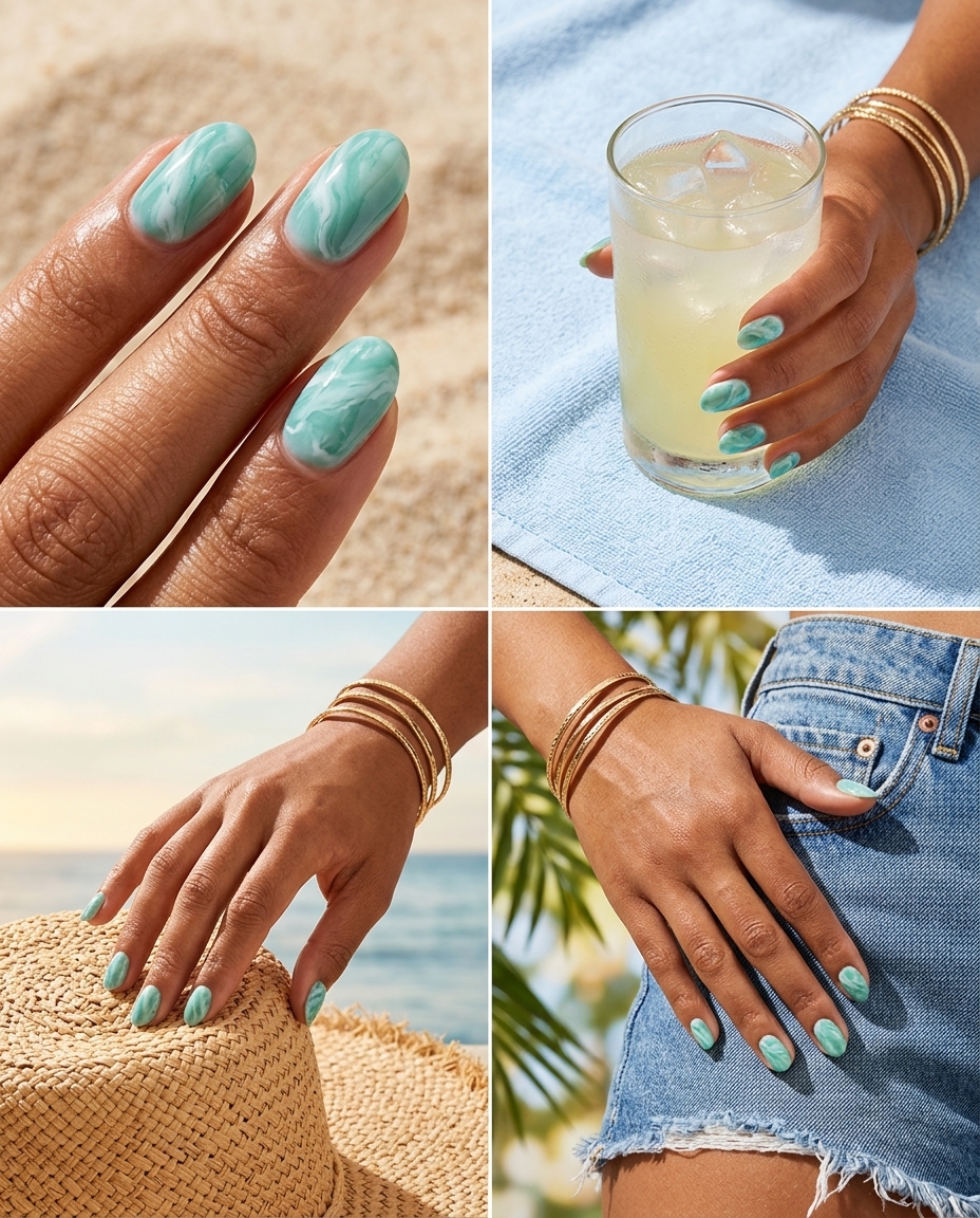 Short oval summer nails 2026: Seafoam green marble with white and blue veins. Bohemian for summer vacations.
