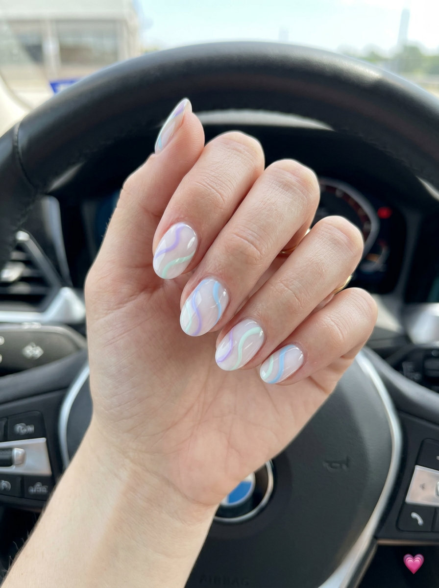 Short oval summer nails 2026: Pastel swirls summer dream, whimsical, artistic, glossy finish for vacation.