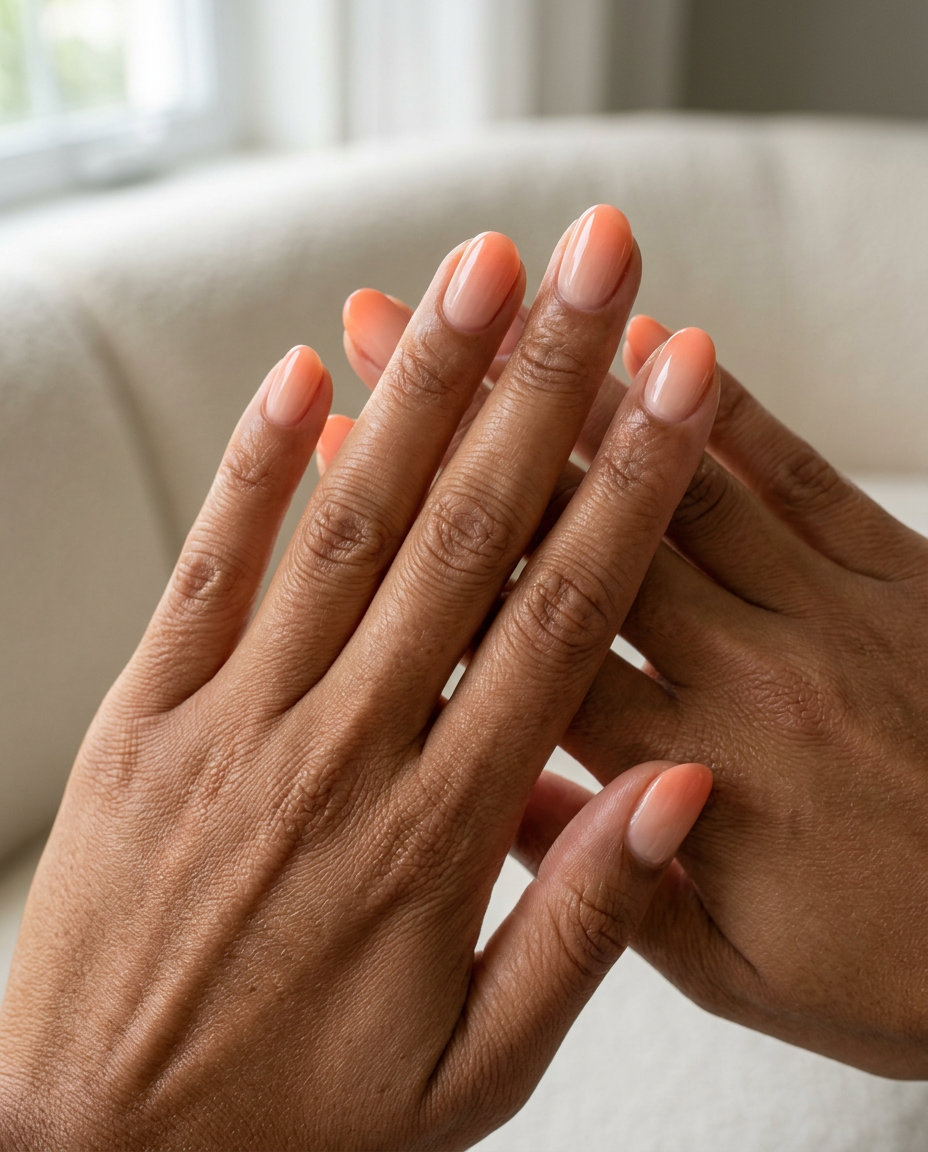 Short oval summer nails 2026: Peachy keen creamy aura gradient, romantic, warm, glossy finish for date night.