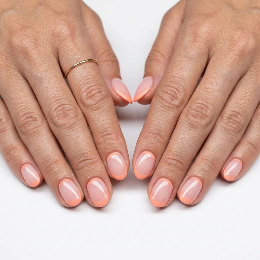 Short oval summer nails 2026: Peachy keen reverse French on a sheer pink base. Romantic for date nights and casual events.