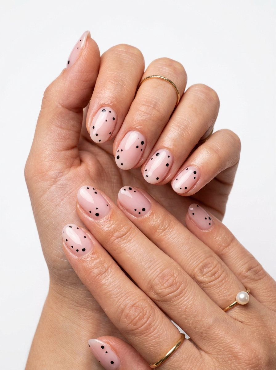 Short oval summer nails 2026: Milky pink with classic black polka dots. Playful and sweet for casual outings.