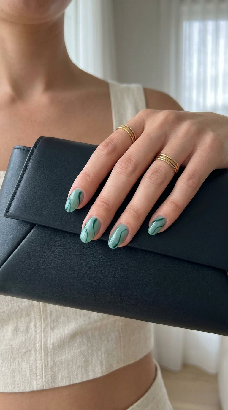 Short oval summer nails 2026: Seafoam green jelly with dark forest green abstract lines. Artistic for festivals.