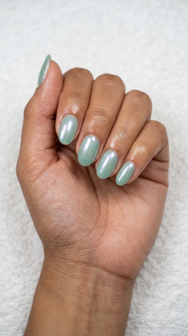 Short oval summer nails 2026: Seafoam Green Pearlescent Sheen for beach days. Luminous iridescent finish.