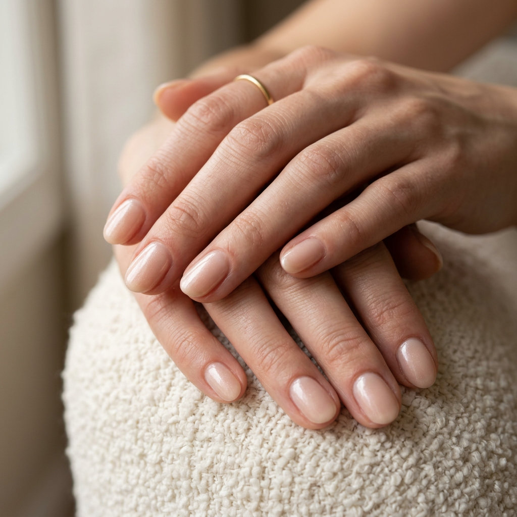 Short oval summer nails 2026: Barely there shimmer nude, minimalist, polished, understated for work.