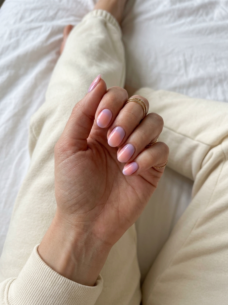 Short oval summer nails 2026: Sunset Pastel Aura Gradient for vacation. Dreamy pink, peach, lavender blend.