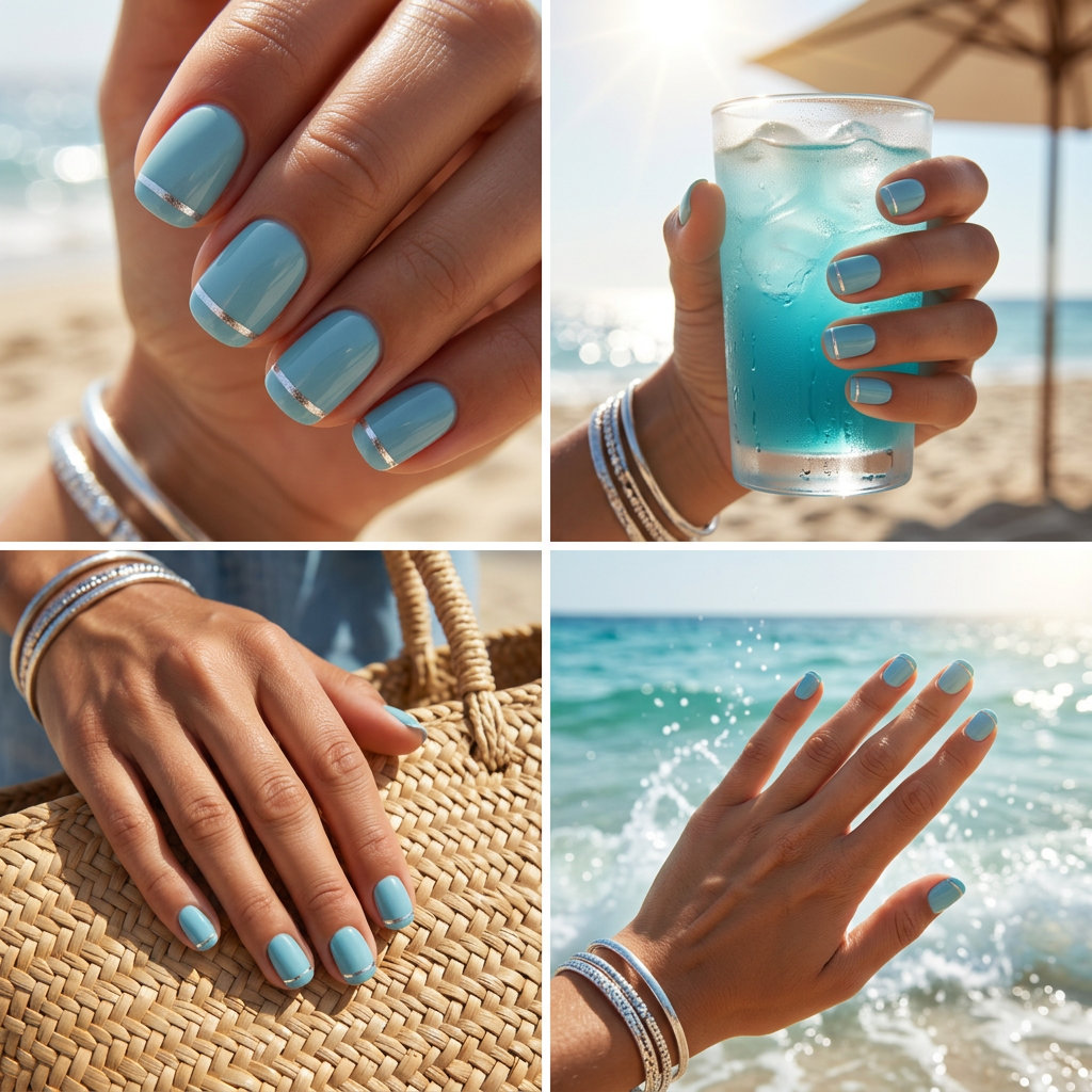Short Round Summer Nails 2026: Aqua Chrome Accent Short round summer nails 2026: Aqua blue with silver chrome line for vacation.