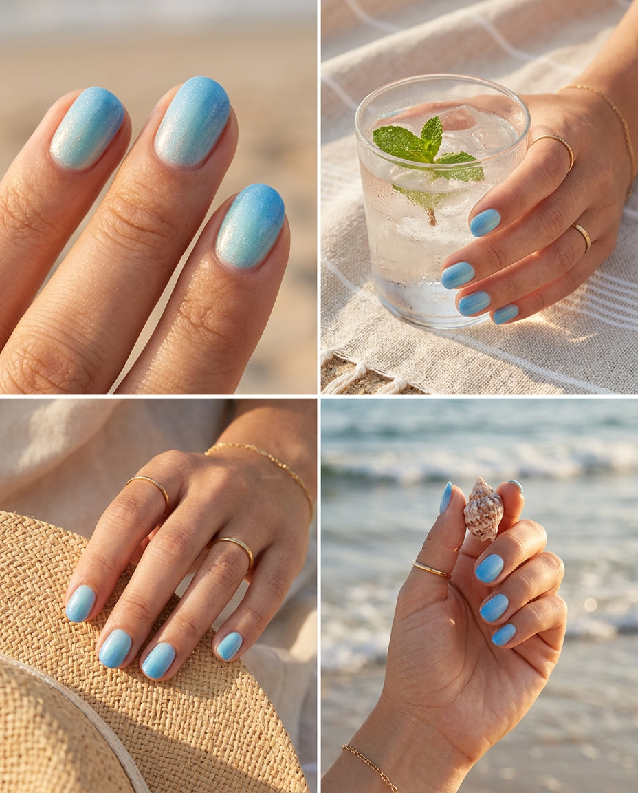 Aqua Shimmer Gradient Nails 2026: Dreamy Short Round Aqua Blue Shimmer Gradient Round: Short round summer nails 2026 with aqua blue shimmer gradient.