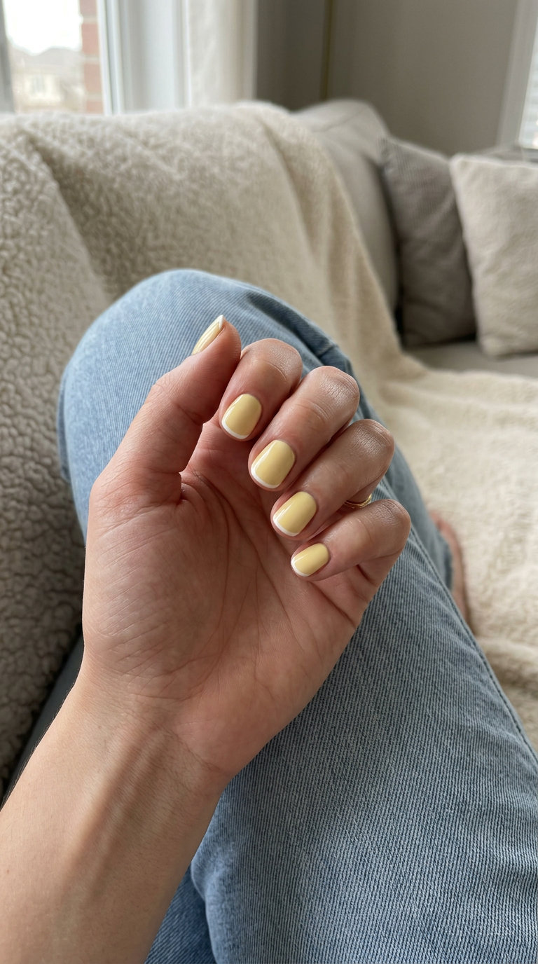 Butter Yellow Micro French Nails 2026: Chic Short Round Butter Yellow Micro French Glossy: Short round summer nails 2026 with butter yellow and white micro French.