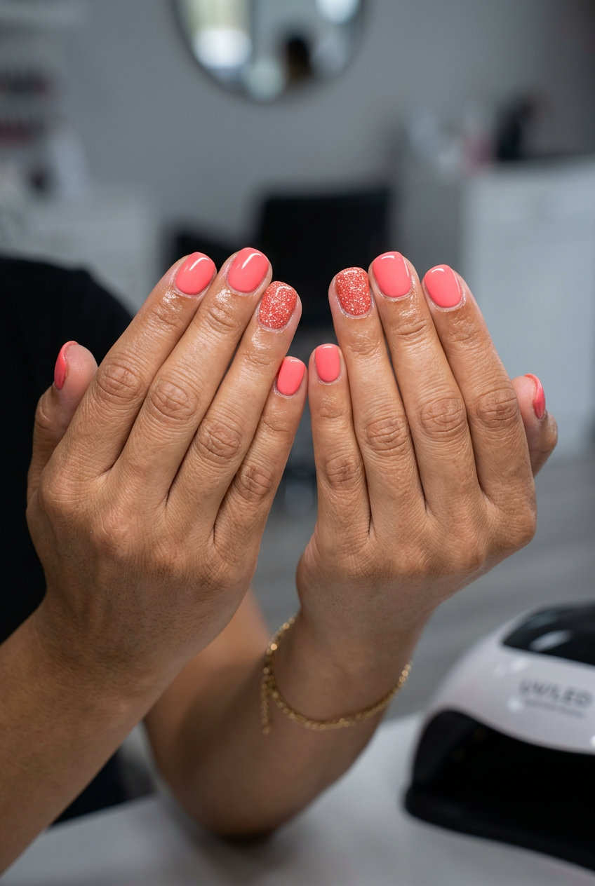 Coral Pink Glitter Nails 2026: Party Perfect Short Round Coral Pink Glitter Accent Nail: Short round summer nails 2026 with coral pink gel and glitter accent.