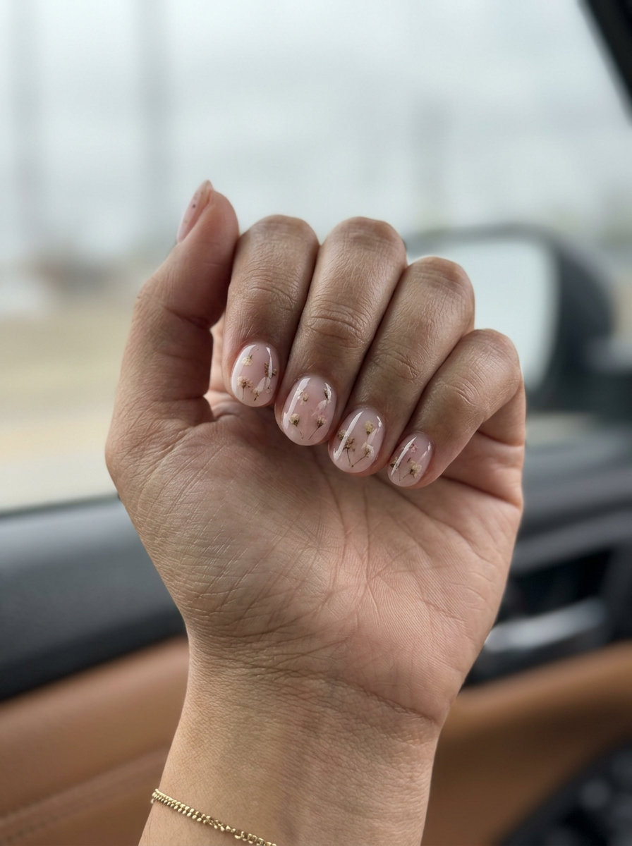 Floral Milk Bath Nails 2026: Ethereal Short Round Blooming Coral Milk Bath: Short round summer nails 2026 with milky pink and floral accents.