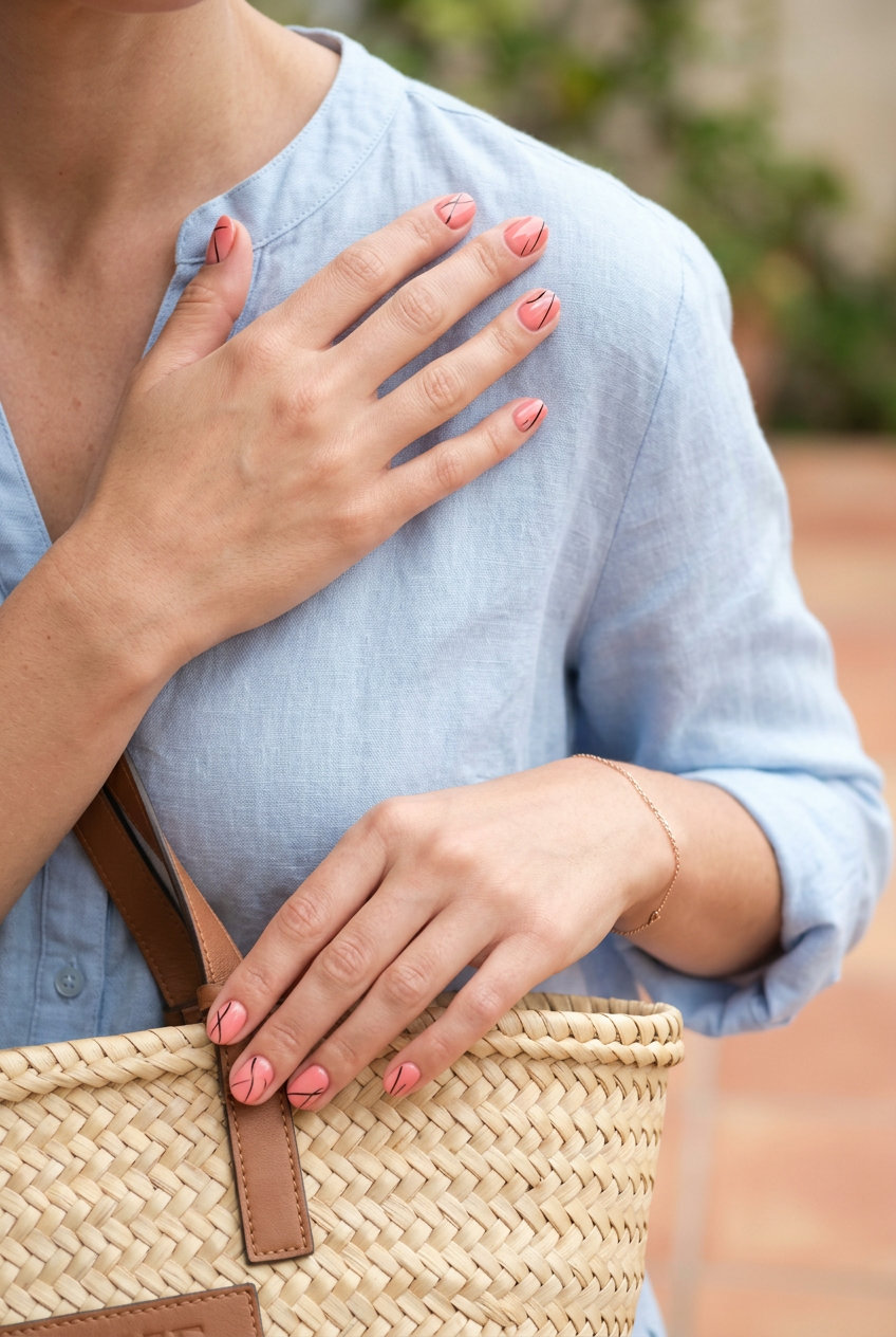 Short Round Summer Nails 2026: Edgy Coral Abstract Short round summer nails 2026: Edgy coral pink with abstract black lines for parties.