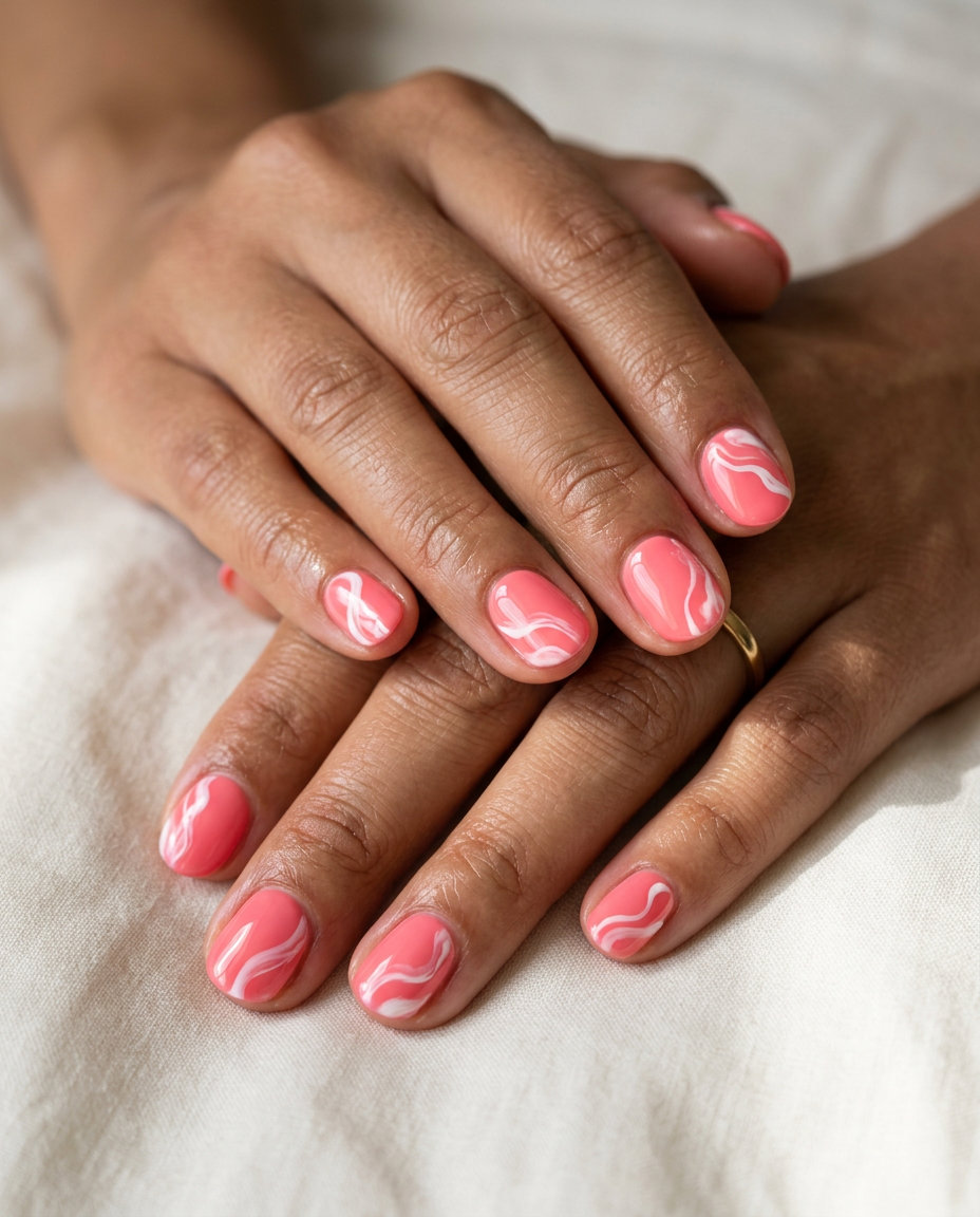 Short Round Summer Nails 2026: Coral Swirls Short round summer nails 2026: Coral pink with glossy white swirls for parties.