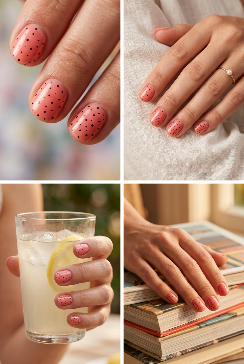 Short Round Summer Nails 2026: Milky Coral Dots Short round summer nails 2026: Milky coral pink with black dots for casual chic.
