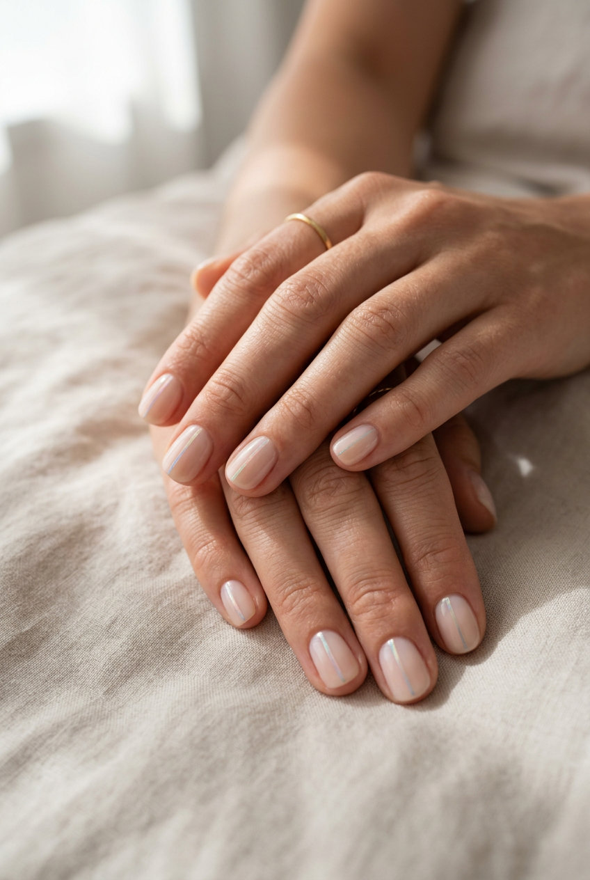 Short Round Summer Nails 2026: Nude Chrome Minimalist Short round summer nails 2026: Milky nude with iridescent chrome line for minimalist chic.