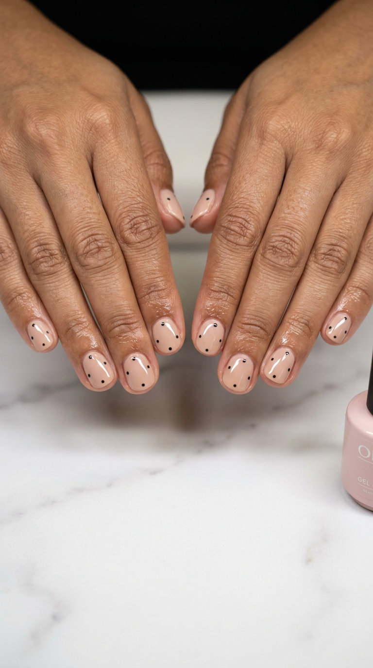 Nude Dotty Nails 2026: Chic Short Round Minimalist Chic Nude Dotty: Short round summer nails 2026 with nude base and black micro dots.