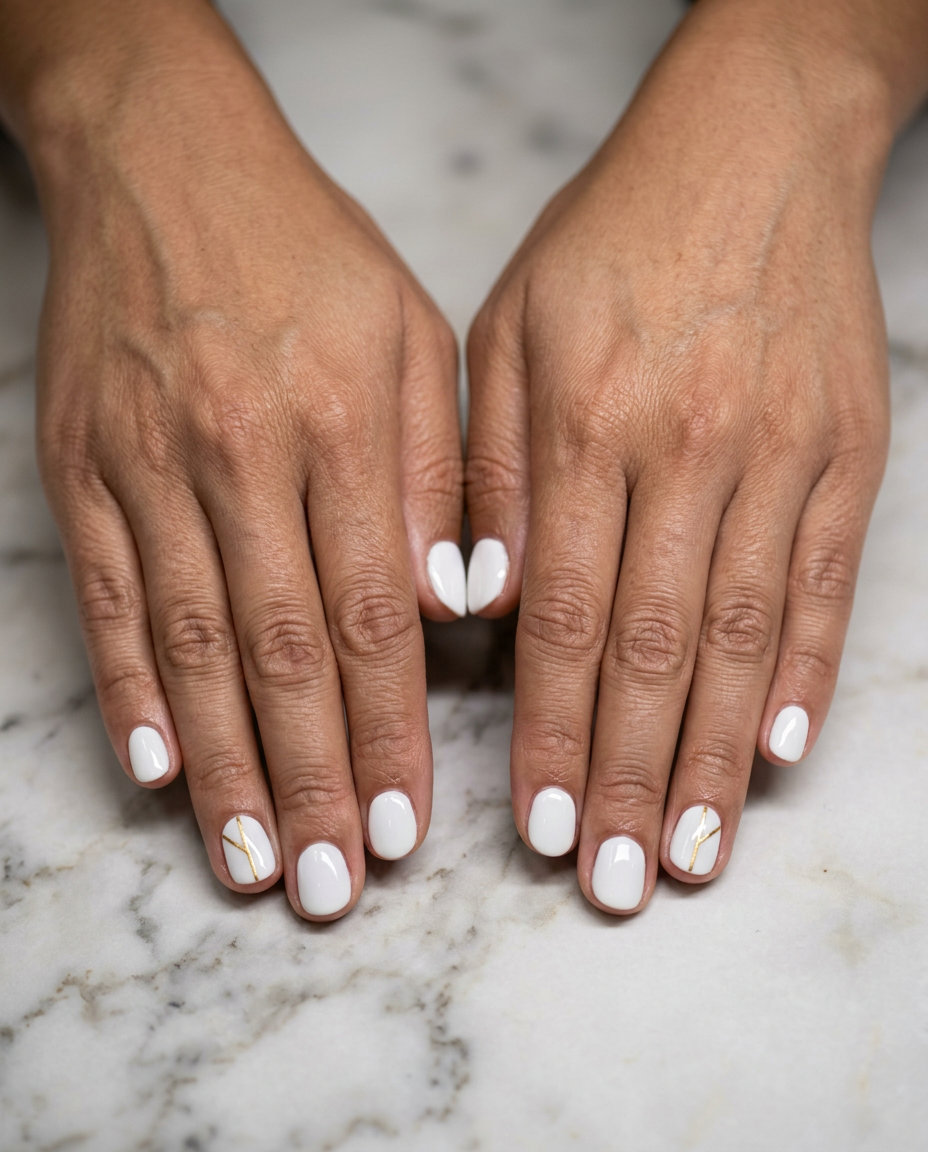 Short Round Summer Nails 2026: Chic Geometric Glam Short round summer nails 2026: White gel with gold geometric accents for an evening event.