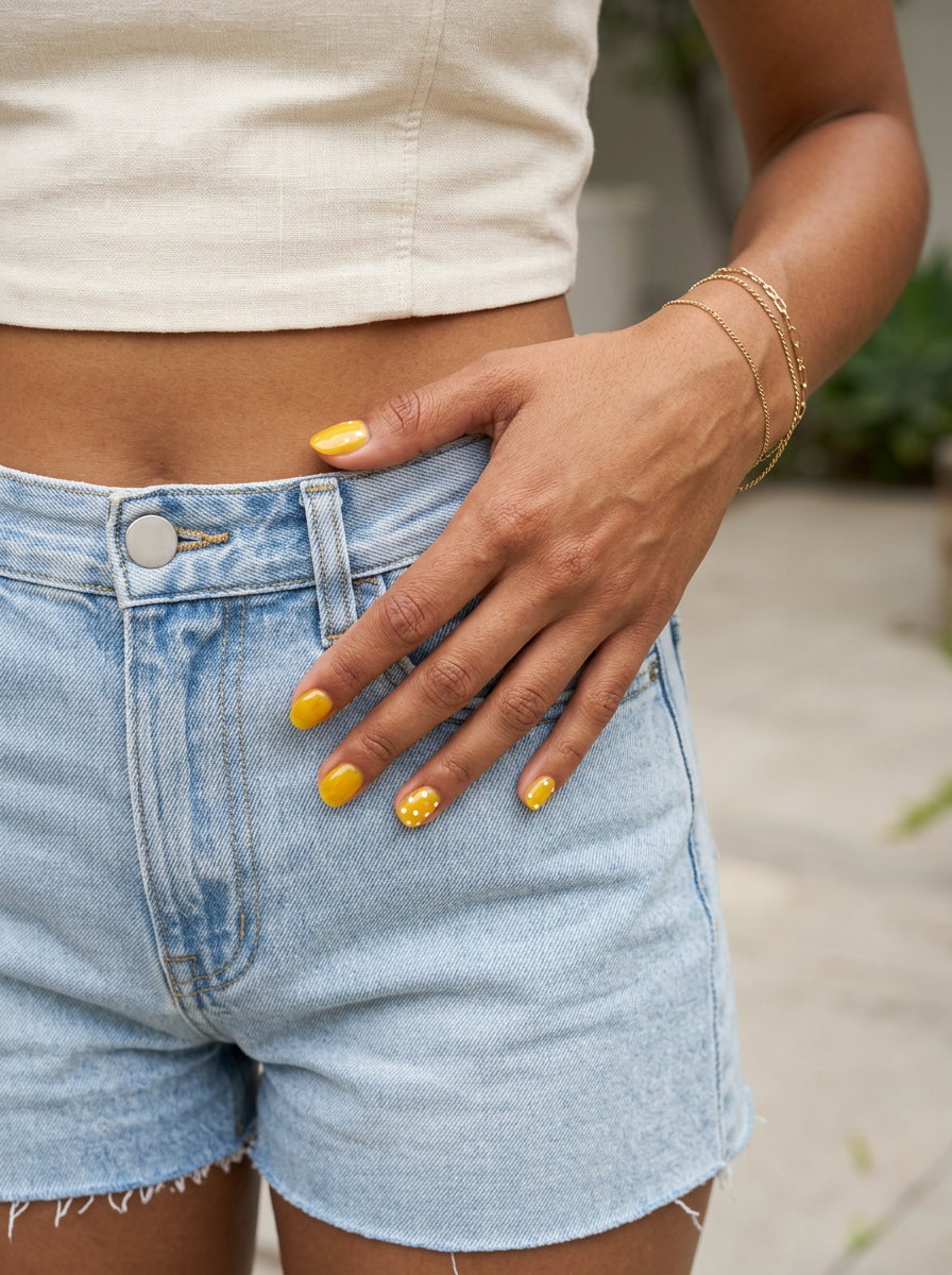Yellow Jelly Dot Nails 2026: Playful Vacation Style Short round summer nails 2026: Butter Yellow Jelly Accent Dots for vacation & outdoor events.