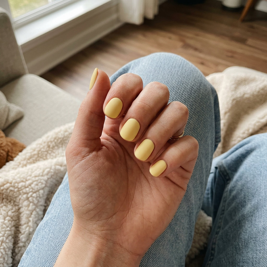 Butter Yellow Matte Nails 2026: Casual Office Style Short round summer nails 2026: Butter Yellow Matte Timeless for daily wear & casual office.