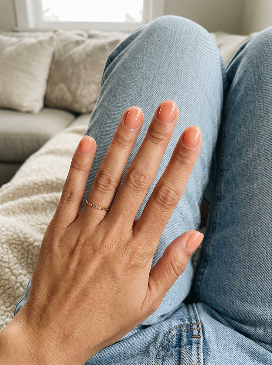 Peach Jelly Nails 2026: Romantic Summer Evening Style Short round summer nails 2026: Sheer Peach Jelly Glow for romantic dinners & summer evenings.