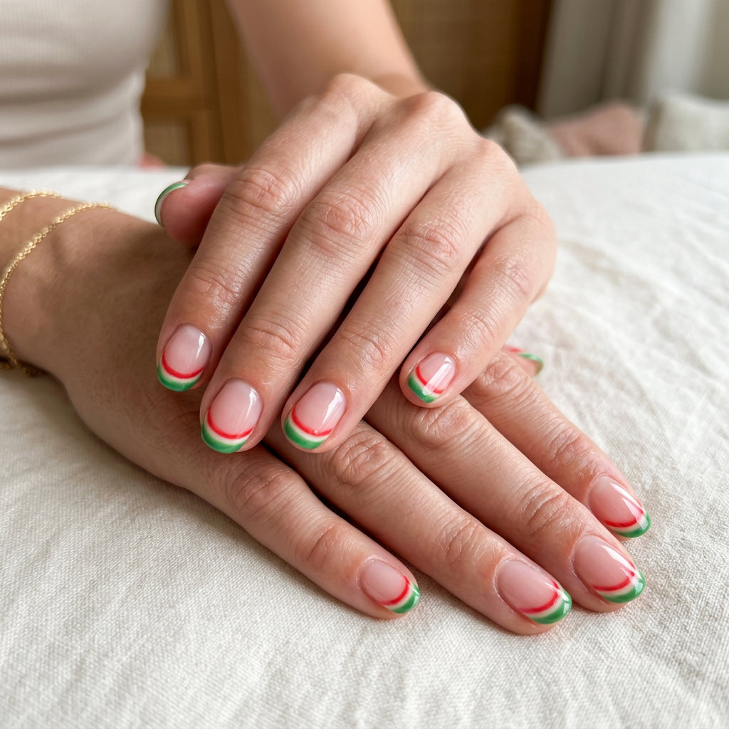 Watermelon French Nails 2026: Summer Vacation Style Short round summer nails 2026: Watermelon Slice Micro French design for vacation & casual events.
