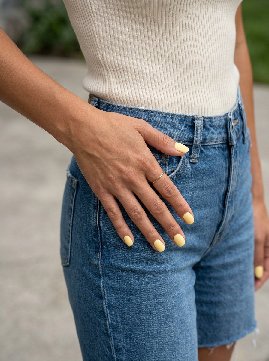 Short summer nails 2026: Butter yellow matte sunshine on rounded nails for casual everyday or work.