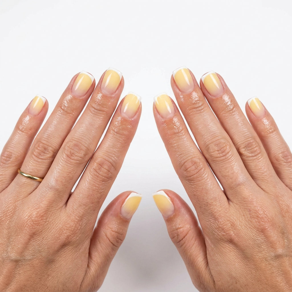 Butter yellow ombre with white micro French tips on short squoval nails for short summer nails 2026.