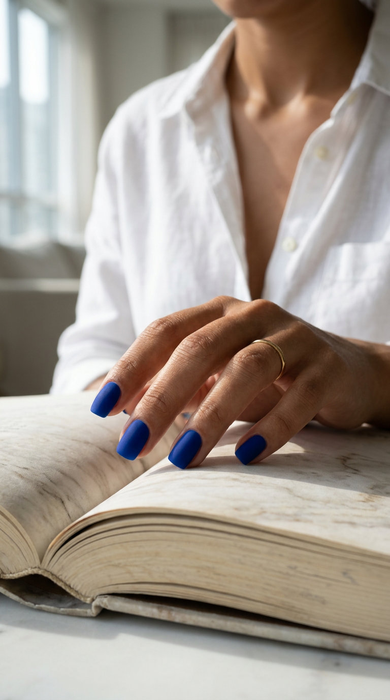Bold cobalt blue solid matte finish on short round nails for short summer nails 2026.
