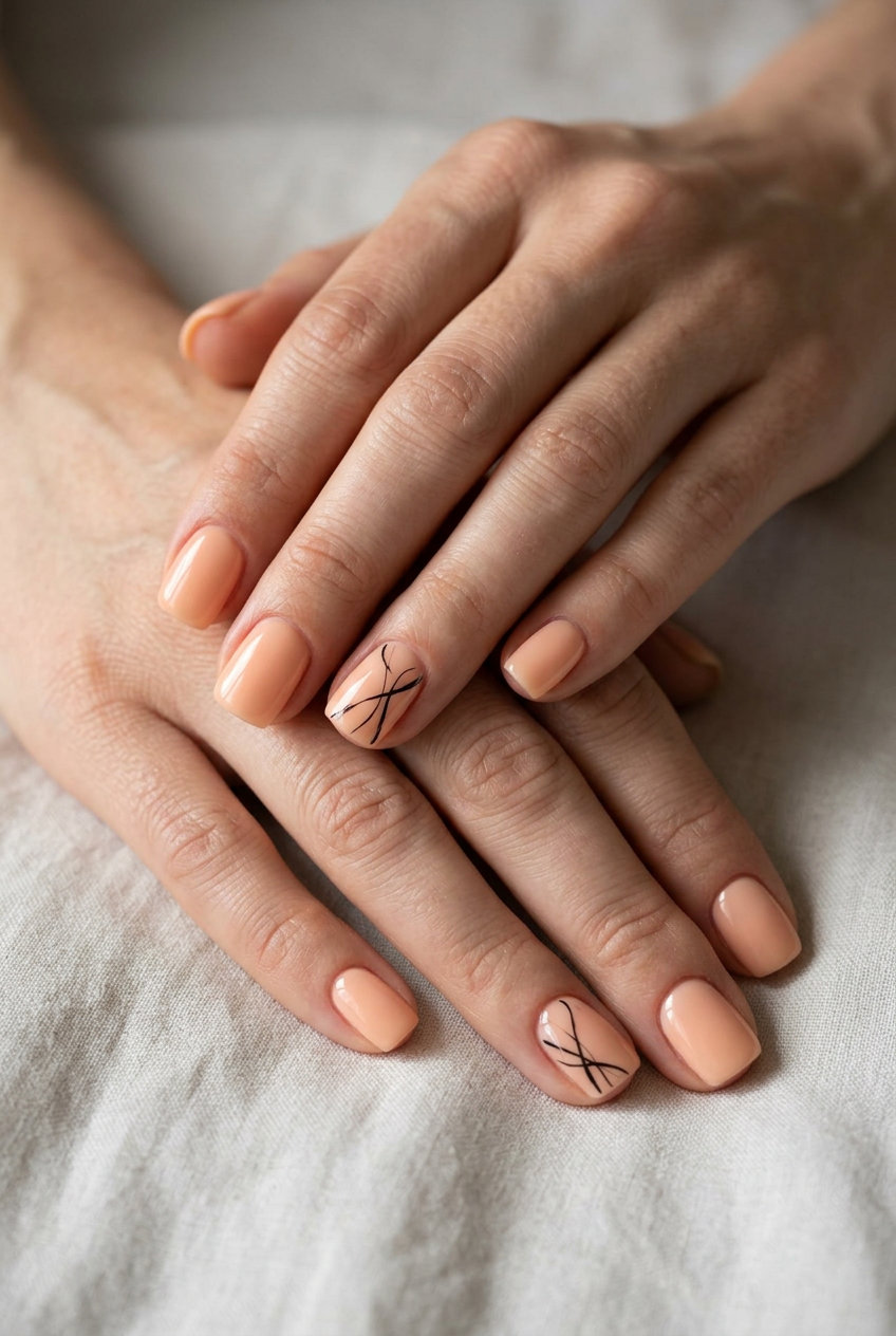 Sophisticated peach fuzz short nails with minimalist black abstract lines for short summer nails 2026.