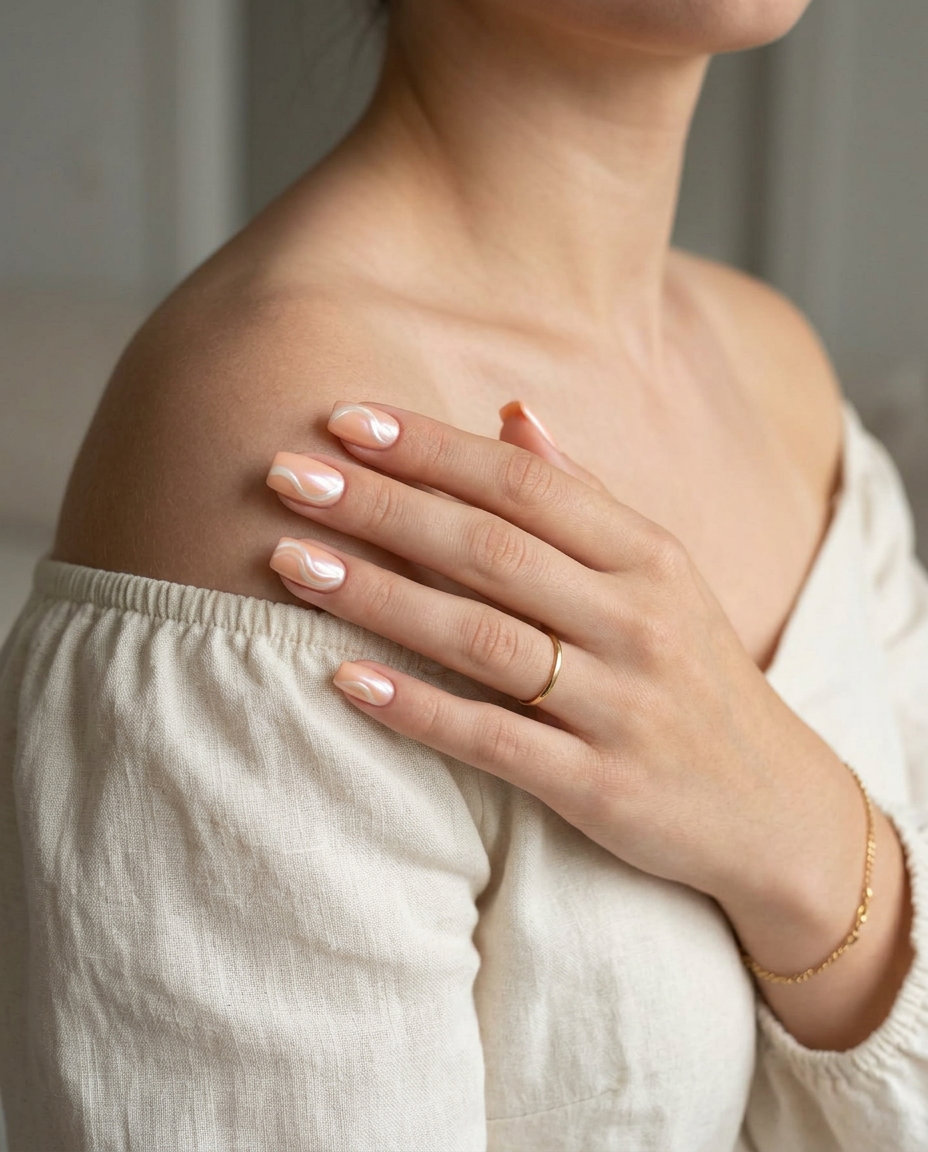 Romantic peach fuzz pearlescent swirls on short squoval nails for short summer nails 2026.