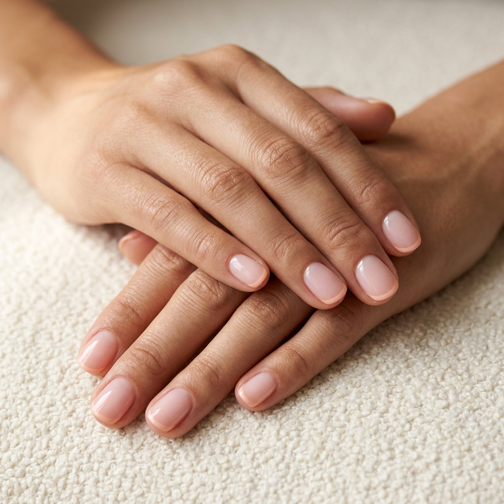 Short summer nails 2026: Sunny peach fuzz jelly micro French tips on squoval nails for vacation or brunch.